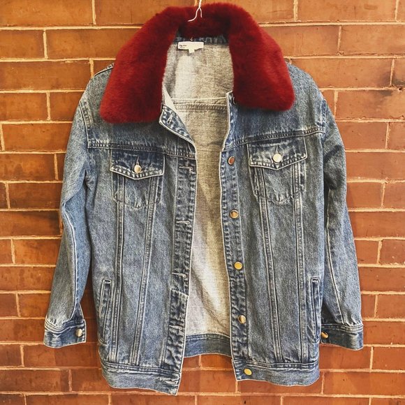 by the way. Jackets & Blazers - NEW Oversized Jean Jacket With Red Fur Collar